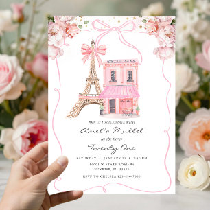 Invitación Café Rosa París Lazo Torre Eiffel Cumpleaños de cu
