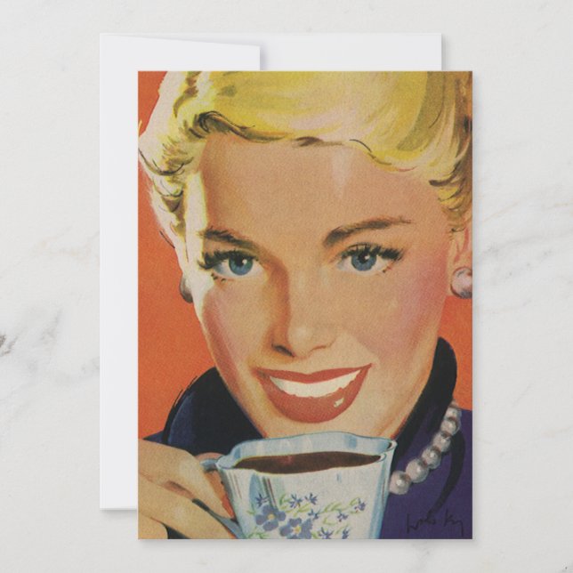 Invitación Café Vintage, mujer feliz con café retro (Anverso)