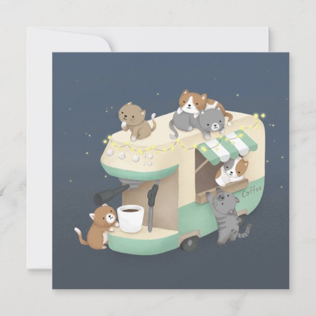 Invitación Cafetera Maker Camper Cafe & Kittens (Anverso)