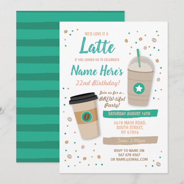 Invitación Cafetería Cumpleaños Cafetería Latte Celebración d (Anverso / Reverso)