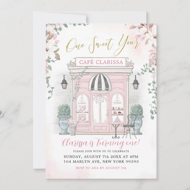 Invitación Cafetería francesa rosa y dorada Chica pastelería  (Anverso)