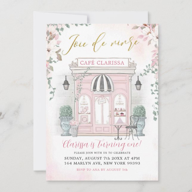 Invitación Cafetería francesa rosa y dorada Chica pastelería  (Anverso)