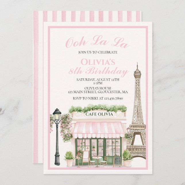 Invitación Cafetería parisina de cumpleaños de París (Anverso / Reverso)