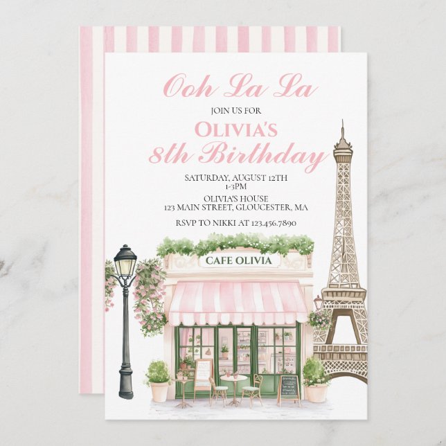 Invitación Cafetería parisina de cumpleaños de París (Anverso / Reverso)