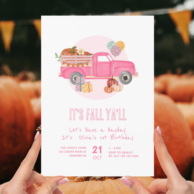 Invitación Caída 1er cumpleaños Calabaza Camión Rosado (Subido por el creador)