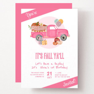 Invitación Caída 1er cumpleaños Calabaza Camión Rosado