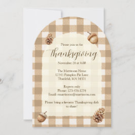 Invitación Caída Acorns Pine Cones Gingham Thankde Arch
