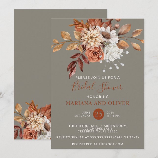 Invitación Caída Acuarela Flora Gris Brillante Ducha (Anverso / Reverso)