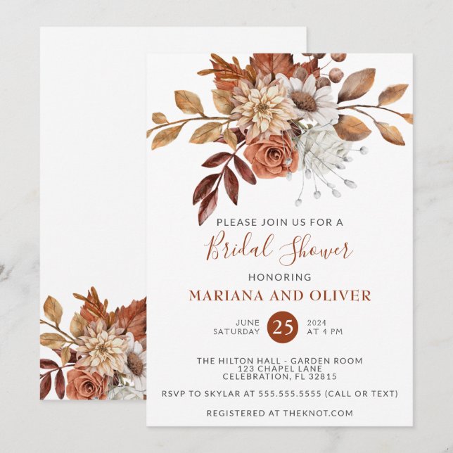 Invitación Caída Acuarela Floral Blanco Brillante Ducha (Anverso / Reverso)