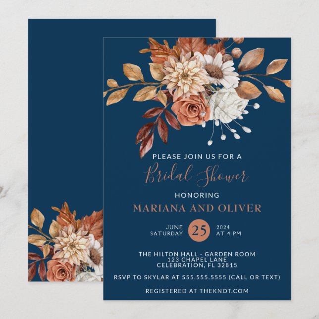 Invitación Caída Acuarela Floral Marina Azul Ducha Nupcial (Anverso / Reverso)