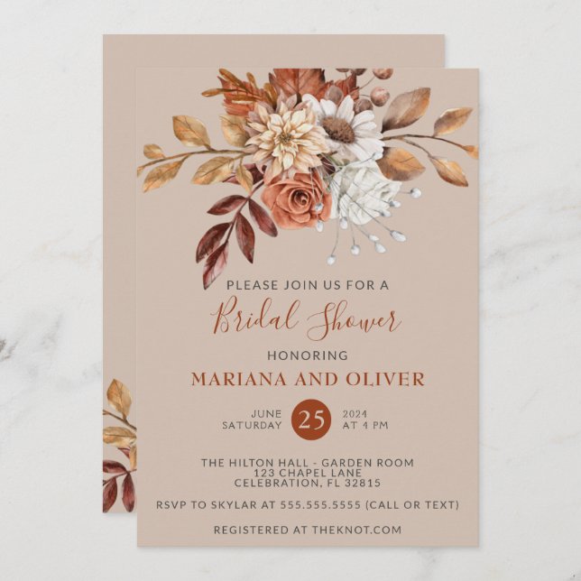 Invitación Caída Acuarela Floral Taupe Brillante Ducha (Anverso / Reverso)