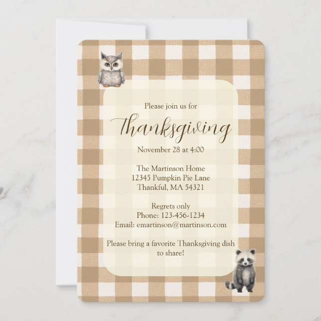 Invitación Caída Animales de Woodland Brown Gingham Acción de (Anverso)