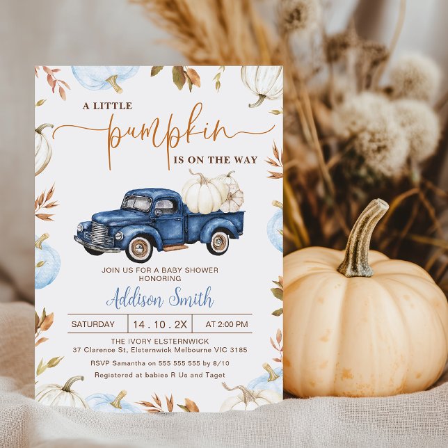 Invitación Caída Azul Calabaza Camión Pequeña Calabaza Baby S (Boys Little Pumpkin Baby Shower Invitation Template, Fall Blue Pumpkin Truck baby Shower Invite)
