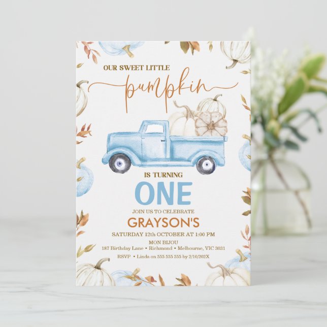 Invitación Caída Azul Calabaza Camión Pequeña Calabaza Cumple (Anverso de pie)