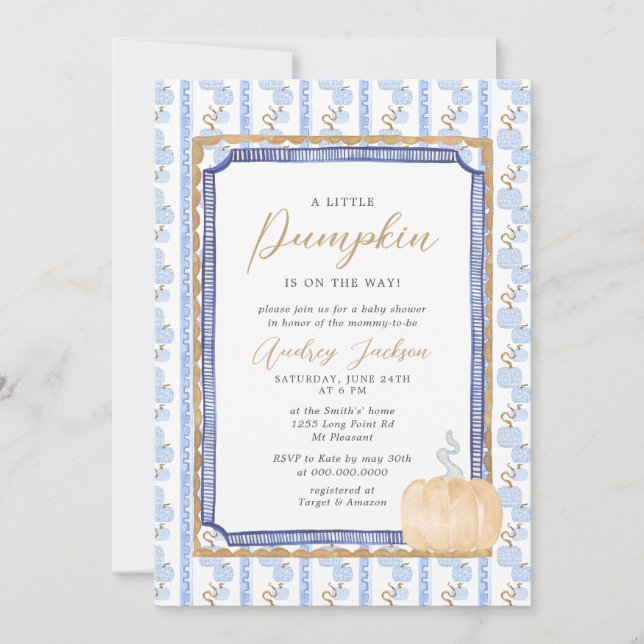 Invitación Caída Azul Chinoiserie Azul Calabaza Baby Shower I (Anverso)