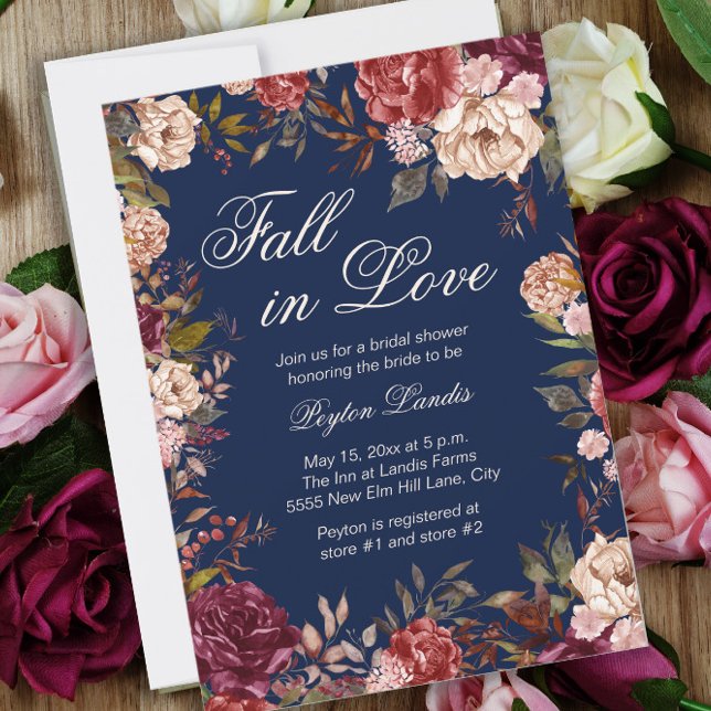 Invitación Caída azul floral borgoña en ducha de novia enamor (Subido por el creador)