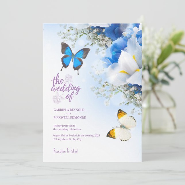 Invitación Caída Azul Naturaleza Mariposa Hidrangea Boda (Anverso de pie)