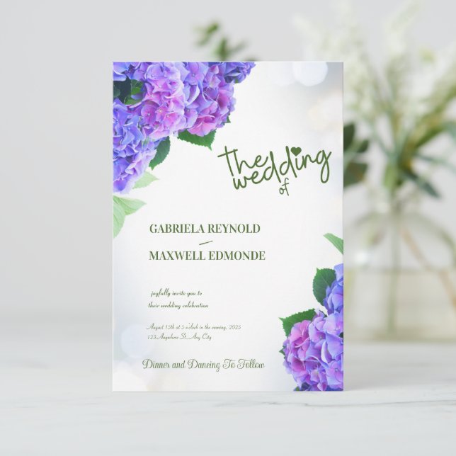 Invitación Caída Azul Naturaleza Púrpura Hidrangea Boda (Anverso de pie)
