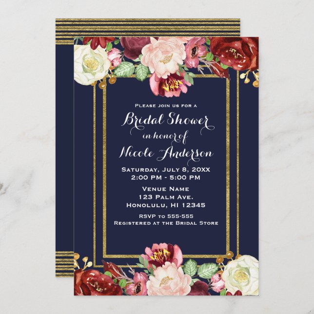 Invitación Caída Azul Oro Negrita Floral Marsala Bridal Ducha (Anverso / Reverso)