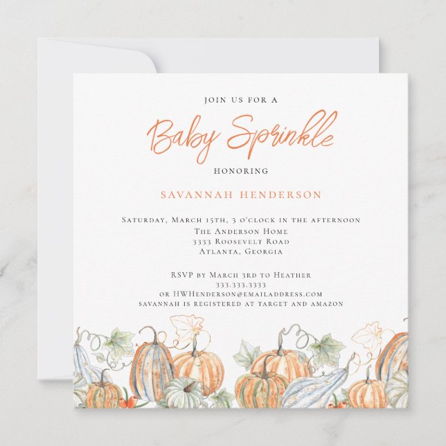 Invitación Caída Baby Shower Bebé Sprinkke Calabaza (Anverso)