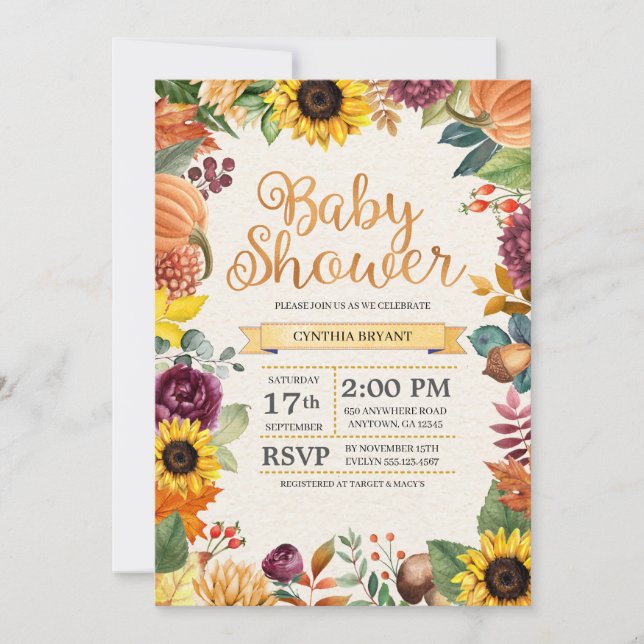 Invitación Caída Baby Shower del girasol de las hojas de (Anverso)
