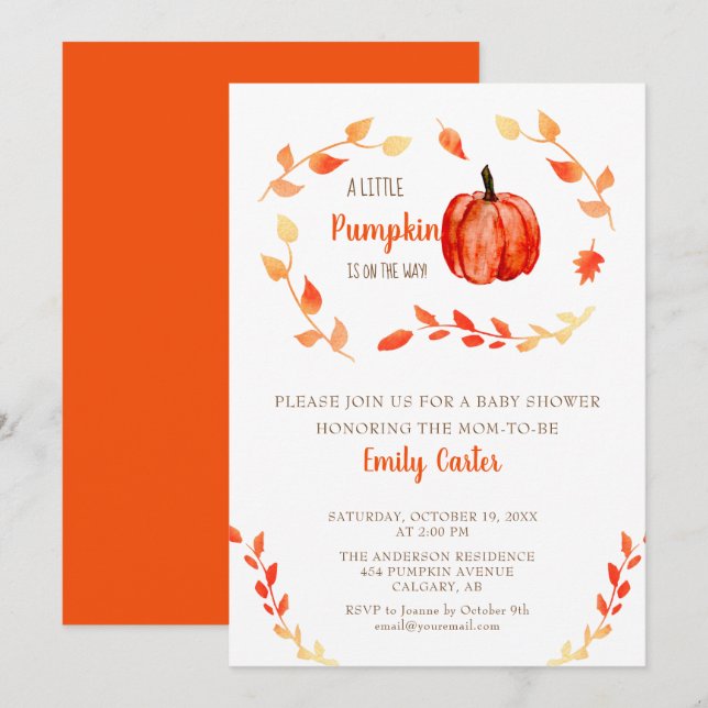 Invitación Caída Baby Shower Pequeña Calabaza Otoño Foliage (Anverso / Reverso)