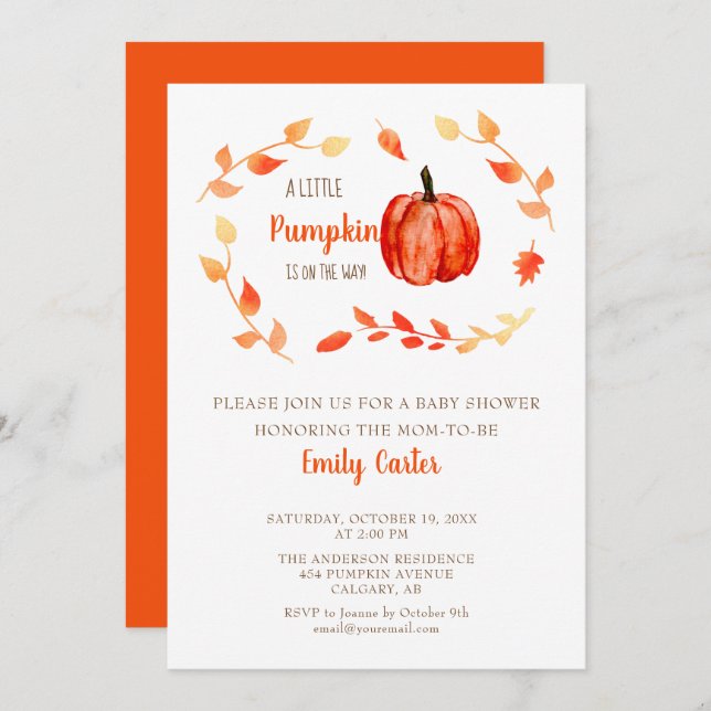 Invitación Caída Baby Shower Pequeña Calabaza Otoño Foliage (Anverso / Reverso)