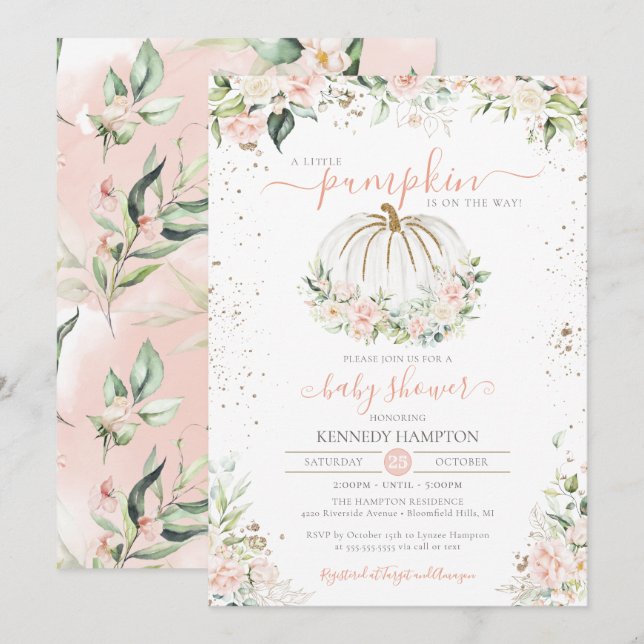 Invitación Caída Baby Shower Rubor Calabaza rosa y blanca (Anverso / Reverso)