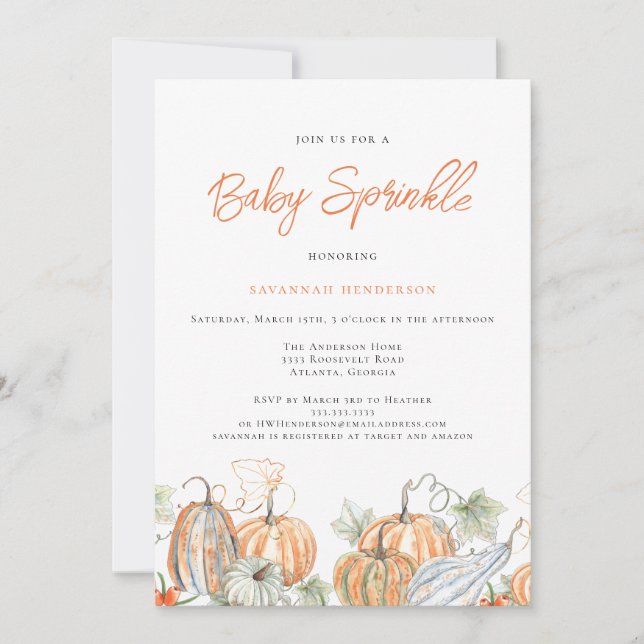 Invitación Caída Baby Shower Sprinkle Pumpkin (Anverso)