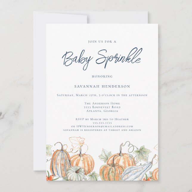 Invitación Caída Baby Shower Sprinkle Pumpkin Blue (Anverso)
