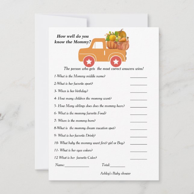 Invitación Caída Bebé ducha Qué bien conoces a la mamá (Anverso)