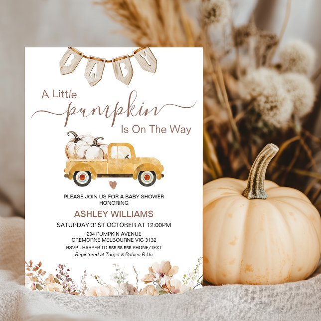 Invitación Caída Beige Brown Pequeña Calabaza Baby Shower (Gender Neutral Fall Pumpkin Baby Shower Invitation Template, Little Pumpkin Baby Shower Invitation)