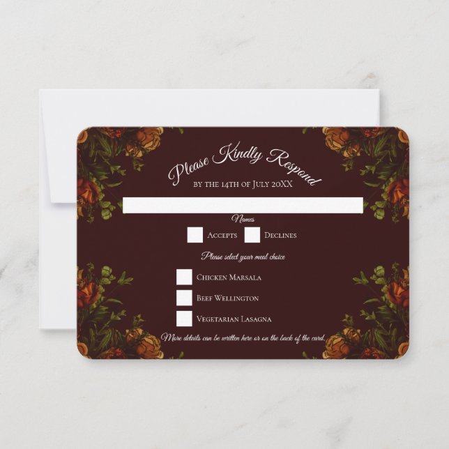 Invitación Caída Boda gótica Naranja ruso Maroon (Anverso)