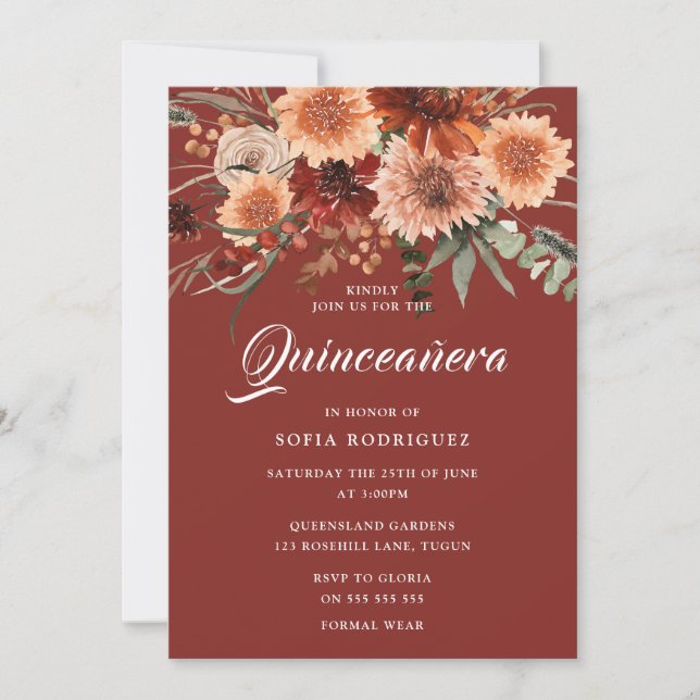 Invitación Caída Bohemia Verano Floral Terracotta Quinceanera (Anverso)