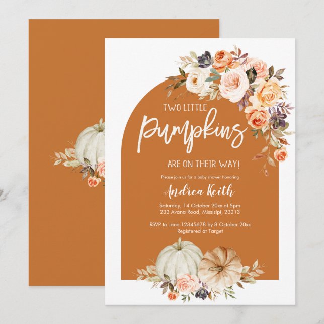 Invitación Caída Boho Arch Calabaza Floral TWINS bebé ducha (Anverso / Reverso)