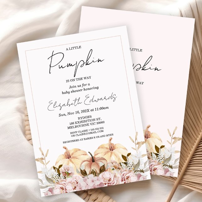 Invitación Caída Boho Floral Pequeña Calabaza Baby Shower (Girls Little Pumpkin Baby Shower Invitation, Fall Boho Floral Pumpkin Baby Shower Invite, Autumn )