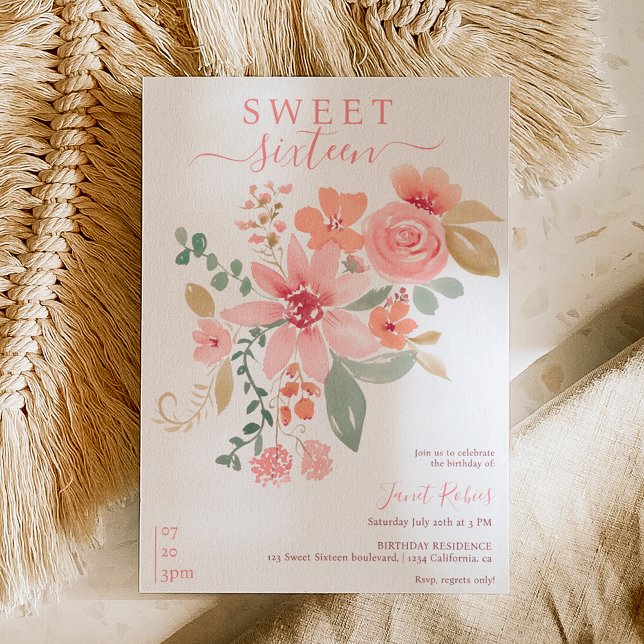 Invitación Caída Boho moda de acuarela floral Dulce 16 (Subido por el creador)