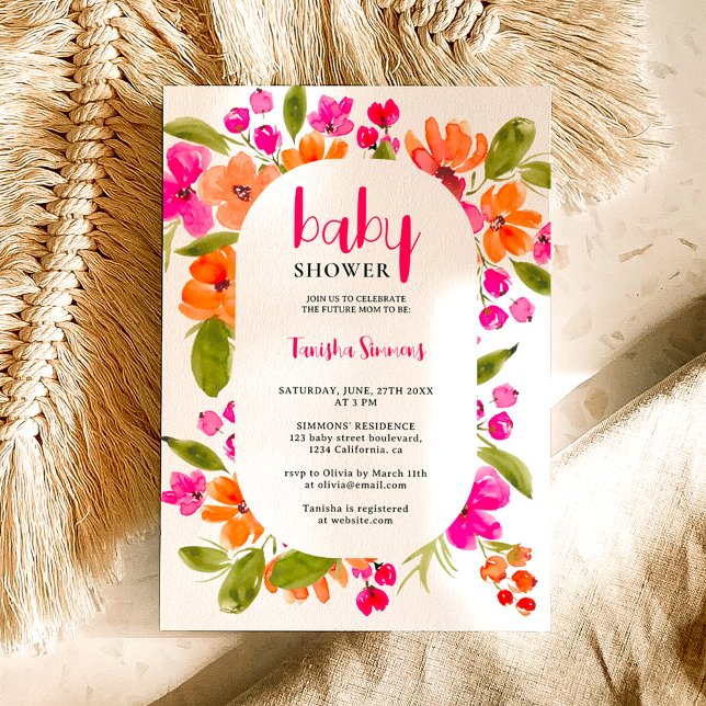 Invitación Caída boho naranja rosa guión floral bebé ducha (Fall boho pink orange floral script baby shower invitation)