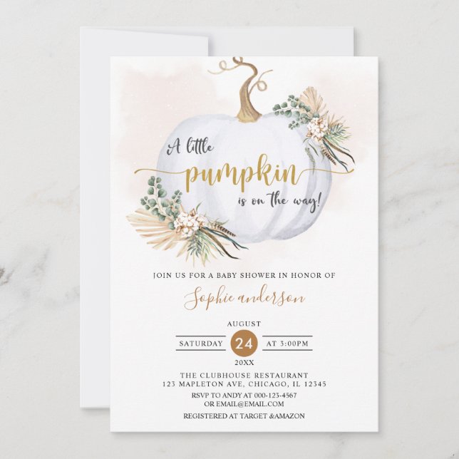 Invitación Caída Boho Pampas Pequeña Calabaza Baby Shower (Anverso)