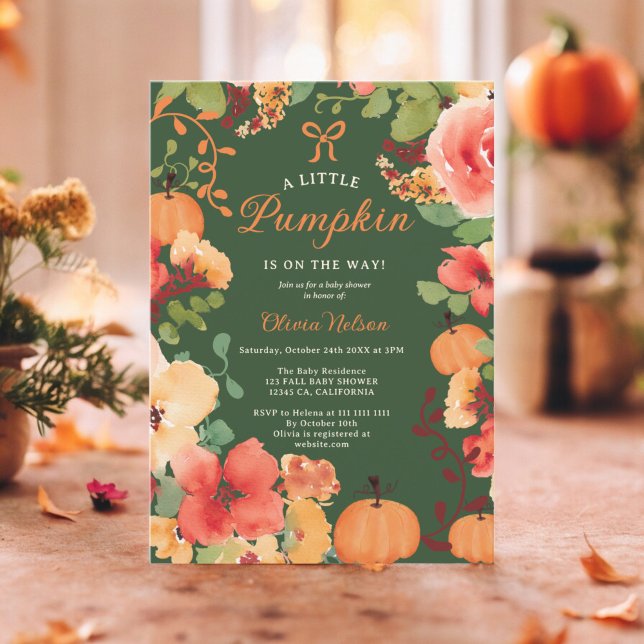 Invitación Caída Boho Pequeña calabaza verde ducha de bebé fl (Fall Boho Little pumpkin green floral baby shower Invitation)