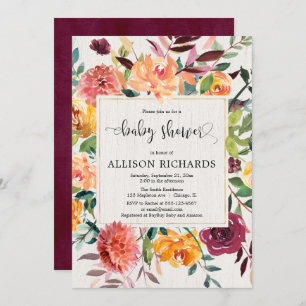 Invitación Caída borgoñona floral elegante ducha bebé