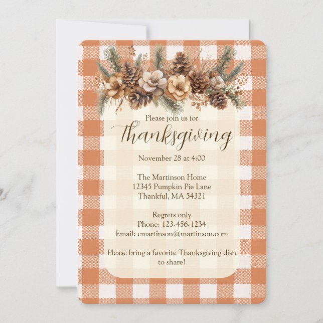 Invitación Caída Botánica de Woodland Gingham Acción de Graci (Anverso)