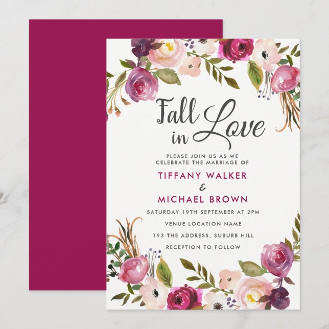 Invitación Caída Botánica Floral Enamorada Boda De Todas Las  (Anverso / Reverso)