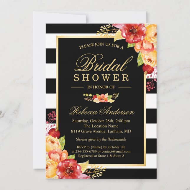 Invitación Caída Bridal Shower Otoño Tiras Florales Rojas Oro (Anverso)