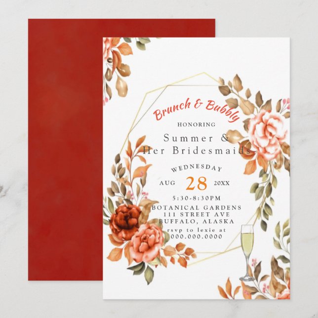 Invitación Caída Bridesmaids Red Floral Oscuras Luncheon (Anverso / Reverso)