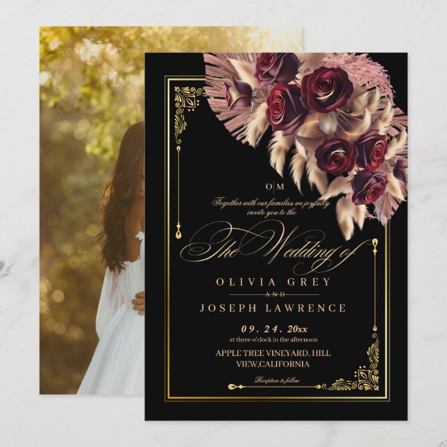 Invitación Caída Burgundy Black Floral Boho Rústico Boda (Anverso / Reverso)