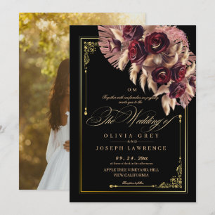 Invitación Caída Burgundy Black Floral Boho Rústico Boda