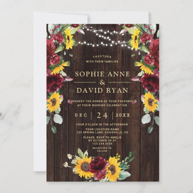 Invitación Caída Burgundy Floral Sunflowers Wood Barn Boda (Anverso)