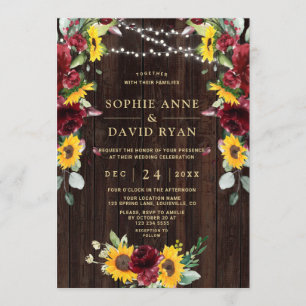 Invitación Caída Burgundy Floral Sunflowers Wood Barn Boda