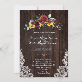 Invitación Caída Burgundy Floral Sunflowers Wood Lace Boda